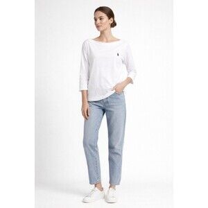 Polo Ralph Lauren White Boat Neck 3/4 Sleeve Tee Shirt Women XL Cotton Logo